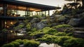 Modern House Amidst Mossy Rocks And Pond