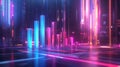 Sleek holographic grouped bar chart with floating neon data bars, softly glowing in a high-tech futuristic atmosphere