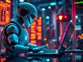 Robot Hacker Typing on Laptop in Futuristic Cyberpunk Setting Royalty Free Stock Photo