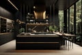 sleek kitchen with dark and wood colors