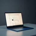 A sleek laptop is angled on a white table, with a web browser open displaying a webpage