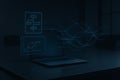 Laptop with Holographic Data Visualizations and Code Interface in Dark Analytical Setup Royalty Free Stock Photo