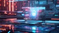 Futuristic Office with Holographic Padlock and Data Streams for Cybersecurity Concept Design