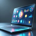 Open laptop with bright, colorful data analytics interface and glowing elements computer Royalty Free Stock Photo