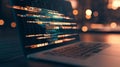 A sleek laptop rests on a wooden table, showcasing vibrant coding patterns on the screen. Soft bokeh lights create a warm Royalty Free Stock Photo