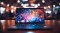 Sleek laptop with vibrant bokeh background and abstract shapes creating artistic ambiance
