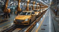 Sleek Line Of Golden Cars On An Assembly Line Flanked By Robotic Arms In A Modern Automotive Plant Royalty Free Stock Photo