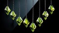 A sleek lineup of geometric emerald pendants dangling on chains, showcasing a mix of reflections and transparencies on a