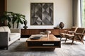 a sleek living room with teak furniture and geometric rug