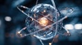 Futuristic abstract model of an atom with glowing nucleus and orbiting electrons in a high-tech environment symbolizing scientific Royalty Free Stock Photo