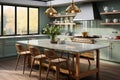 Sleek, luxurious kitchen with a sage green counter cabinet, induction, and natural light