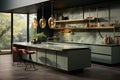 Sleek, luxurious kitchen with a sage green counter cabinet, induction, and natural light