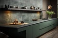 Sleek, luxurious kitchen with sage green counter cabinet, sink, and induction