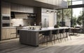 Sleek Meets Chic - A Modern Kitchen\'s Dance with Stainless Steel and Island Grandeur. Generative AI