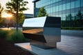 a sleek metal mailbox in front of a modern glass office building