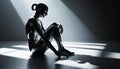 A sleek, metallic humanoid figure sits on the floor, knees drawn to the chest