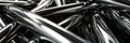 Sleek metallic rods intersecting and forming abstract structures, reflecting on a glossy black surface, 3D