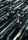 Sleek metallic rods intersecting and forming abstract structures, reflecting on a glossy black surface, 3D Royalty Free Stock Photo