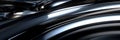 Sleek metallic rods intersecting and forming abstract structures, reflecting on a glossy black surface, 3D