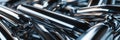 Sleek metallic rods intersecting and forming abstract structures, reflecting on a glossy black surface, 3D