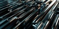 Sleek metallic rods intersecting and forming abstract structures, reflecting on a glossy black surface, 3D