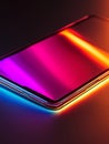 Sleek metallic tablet case with embossed design under vibrant neon lights in a modern setting