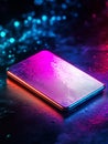Sleek metallic tablet case with embossed designs illuminated by vibrant neon lights in a dark setting