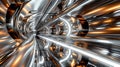 A futuristic metallic tunnel illuminated by radiant lights at night