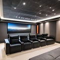 4 A sleek, minimalist home theater with a mix of black and gray finishes, a large, wall-mounted screen, and a mix of plush and l