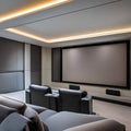 4 A sleek, minimalist home theater with a mix of black and gray finishes, a large, wall-mounted screen, and a mix of plush and l