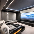 4 A sleek, minimalist home theater with a mix of black and gray finishes, a large, wall-mounted screen, and a mix of plush and l