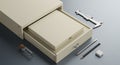 Sleek Minimalist Tech Device Packaging Mockup in Open Drawer with Drafting Tools Royalty Free Stock Photo
