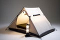 sleek and minimalist tent in neutral colors with solar-powered lantern and portable bluetooth speaker