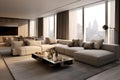 A sleek and minimalist urban living-room with a big sofa and beautiful view from the window