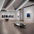 A sleek and modern art gallery with track lighting, white walls, and abstract sculptures3