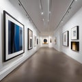 A sleek and modern art gallery with track lighting, white walls, and abstract sculptures5