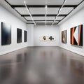 A sleek and modern art gallery with track lighting, white walls, and abstract sculptures4