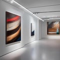 A sleek and modern art gallery with track lighting, white walls, and abstract sculptures1