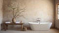 Sleek modern bathroom with bath tub against beige concrete wall in kinfolk inspired design