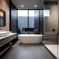 A sleek and modern bathroom with glass accents and a freestanding tub3
