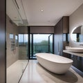 A sleek and modern bathroom with glass accents and a freestanding tub2