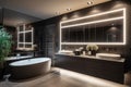 a sleek and modern bathroom, with led lighting that highlights the unique features of the space