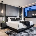 14 A sleek, modern bedroom with a mix of white and black finishes, a low platform bed, and a large, abstract painting5, Generati