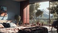 Sleek. Modern Bedroom With A Serene. Bright Atmosphere. Generative AI
