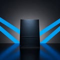Black Shopping Bag Podium with Blue Neon Lights and Reflection, cyber monday, cyber monday shoping, black friday Royalty Free Stock Photo