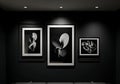 Modern black room with abstract art, spotlighted wall decor Royalty Free Stock Photo