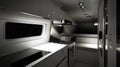 A sleek, modern camper van interior with a compact kitchen and minimalist design. digital Royalty Free Stock Photo