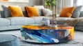 A sleek modern coffee table featuring a digital art print under a layer of acrylic. The abstract design adds a pop of Royalty Free Stock Photo