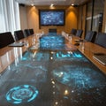 Modern Conference Room With Futuristic Interactive Table Displaying Blue Digital Network Graphics With Chairs And Screen Royalty Free Stock Photo