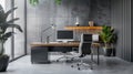 Sleek and modern 3D home office setup with stylish desk and high-tech equipment. 3d background room Royalty Free Stock Photo